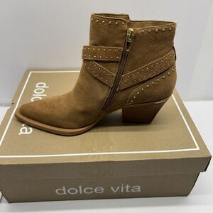 Dolce Vita Roland Suede 3" Heeled Bootie Pecan Side Zip Straps Buckles SZ 7 NEW